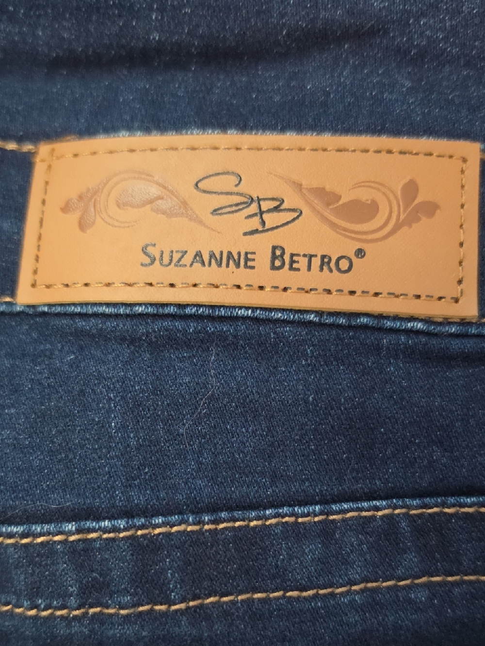 Suzanne Betro Women's Navy Denim Jeans with Tan Leather Patch
